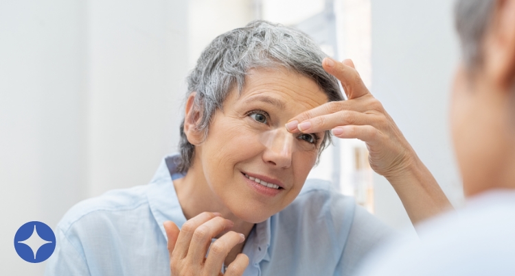Woman applying a Liquicell Shear Point to her nose.
